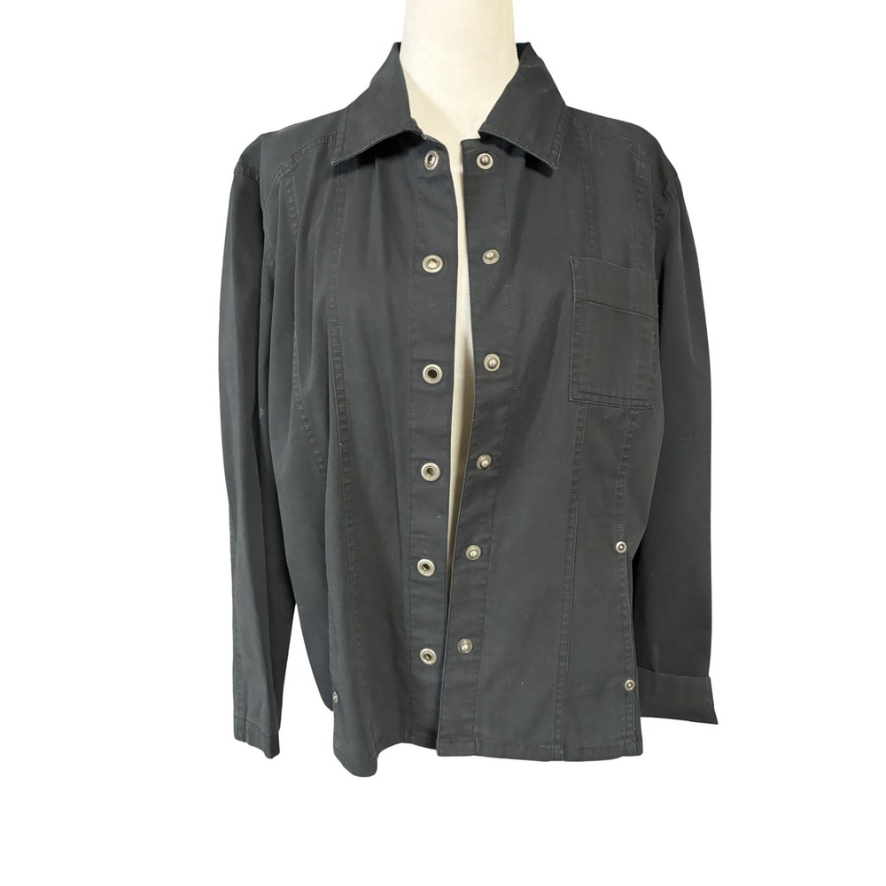Chico's Jacket Womens 2 Black Cotton Stretch Twill Snap Front Pocket Unlined